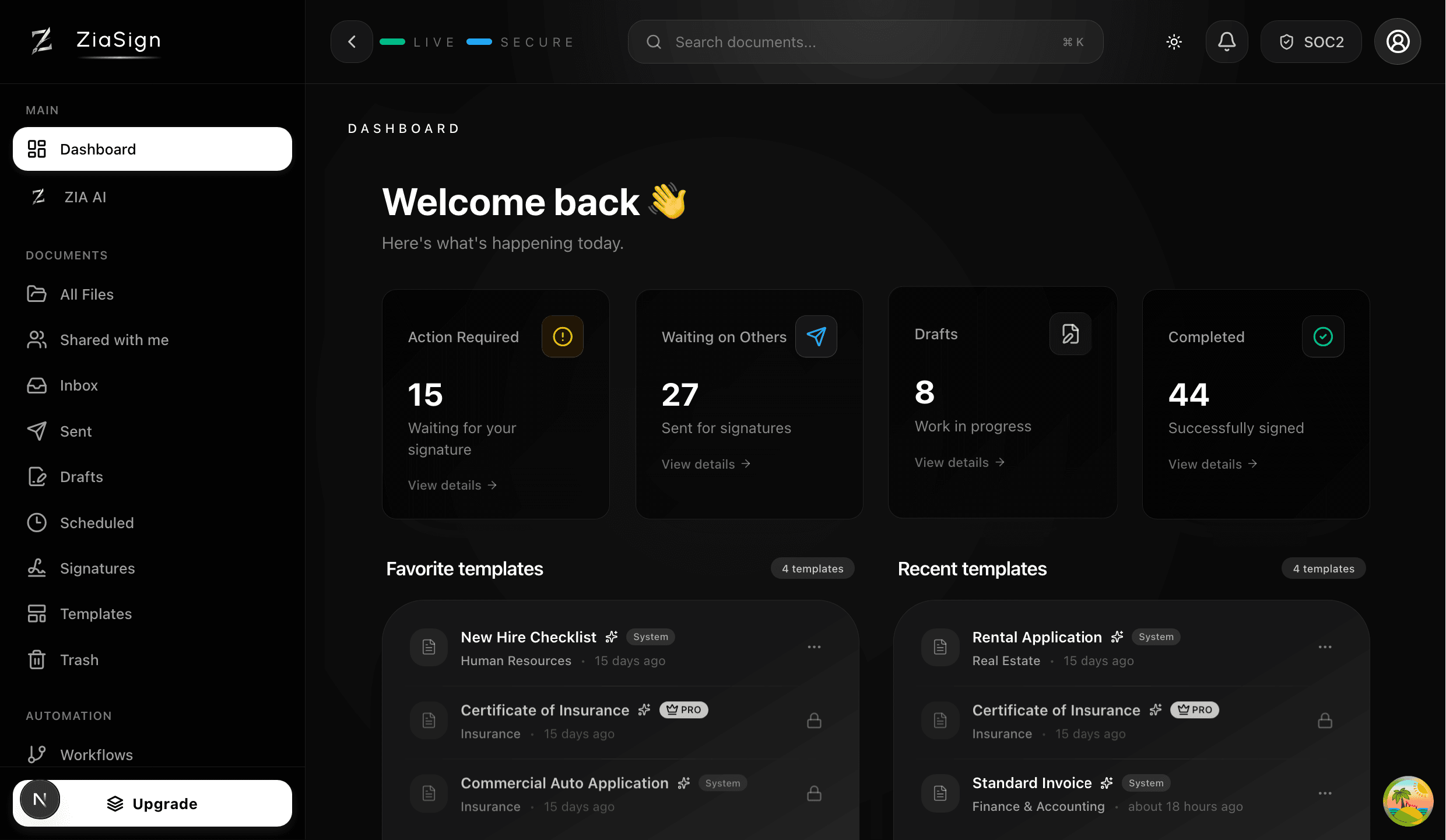 ZiaSign contract workspace dashboard